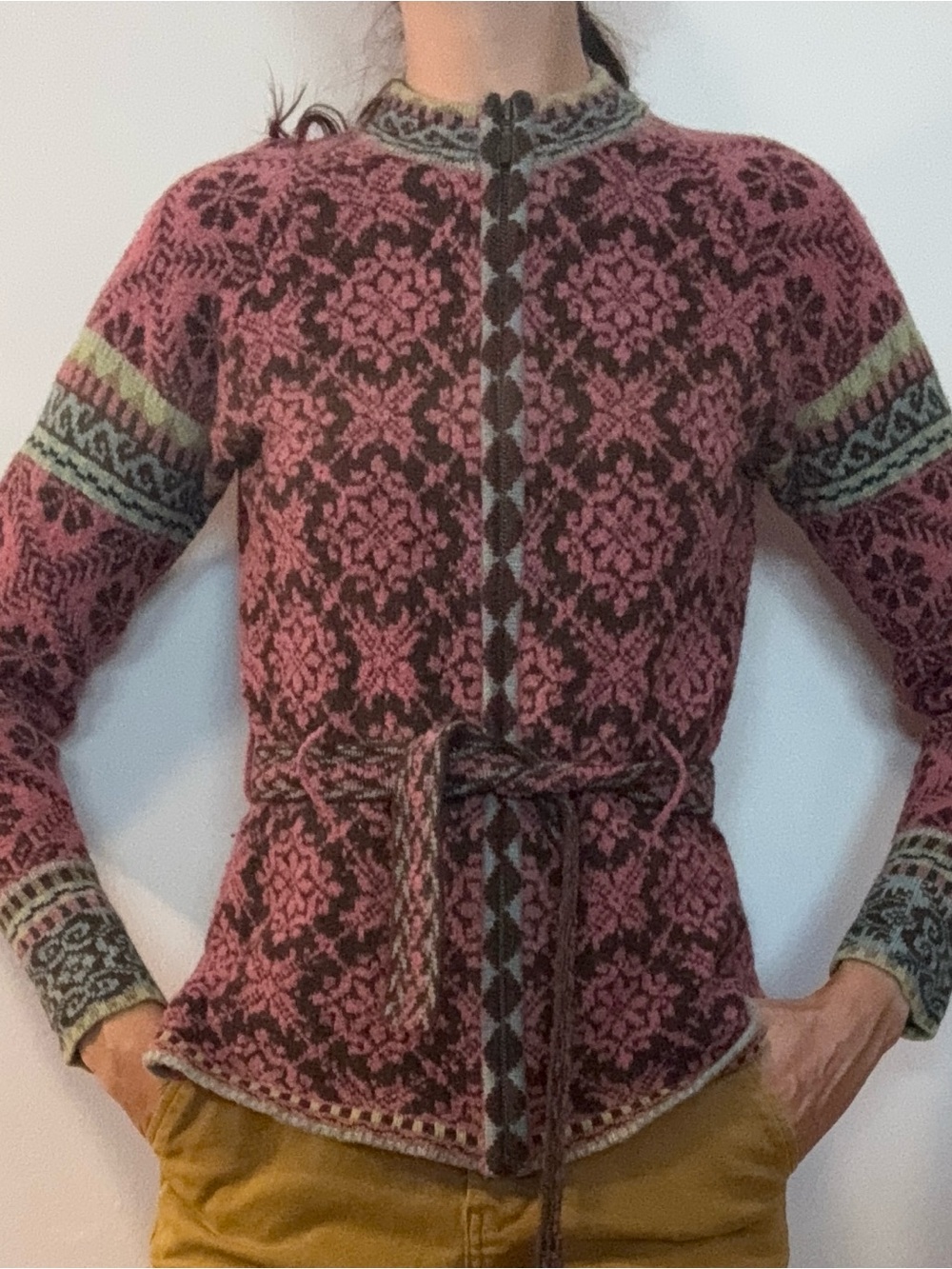 Icelandic Designs Wool blend Pink & Brown Patterned Women's Cardigan with Belt